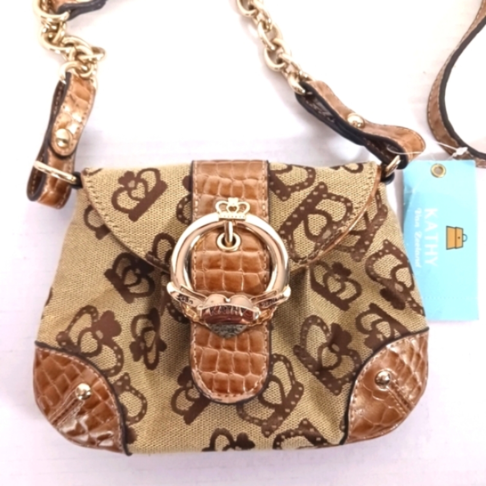 KATHY VAN ZEELAND Shiny Reptile Pleather & Logo Canvas Mini Crossbody Bag NWT